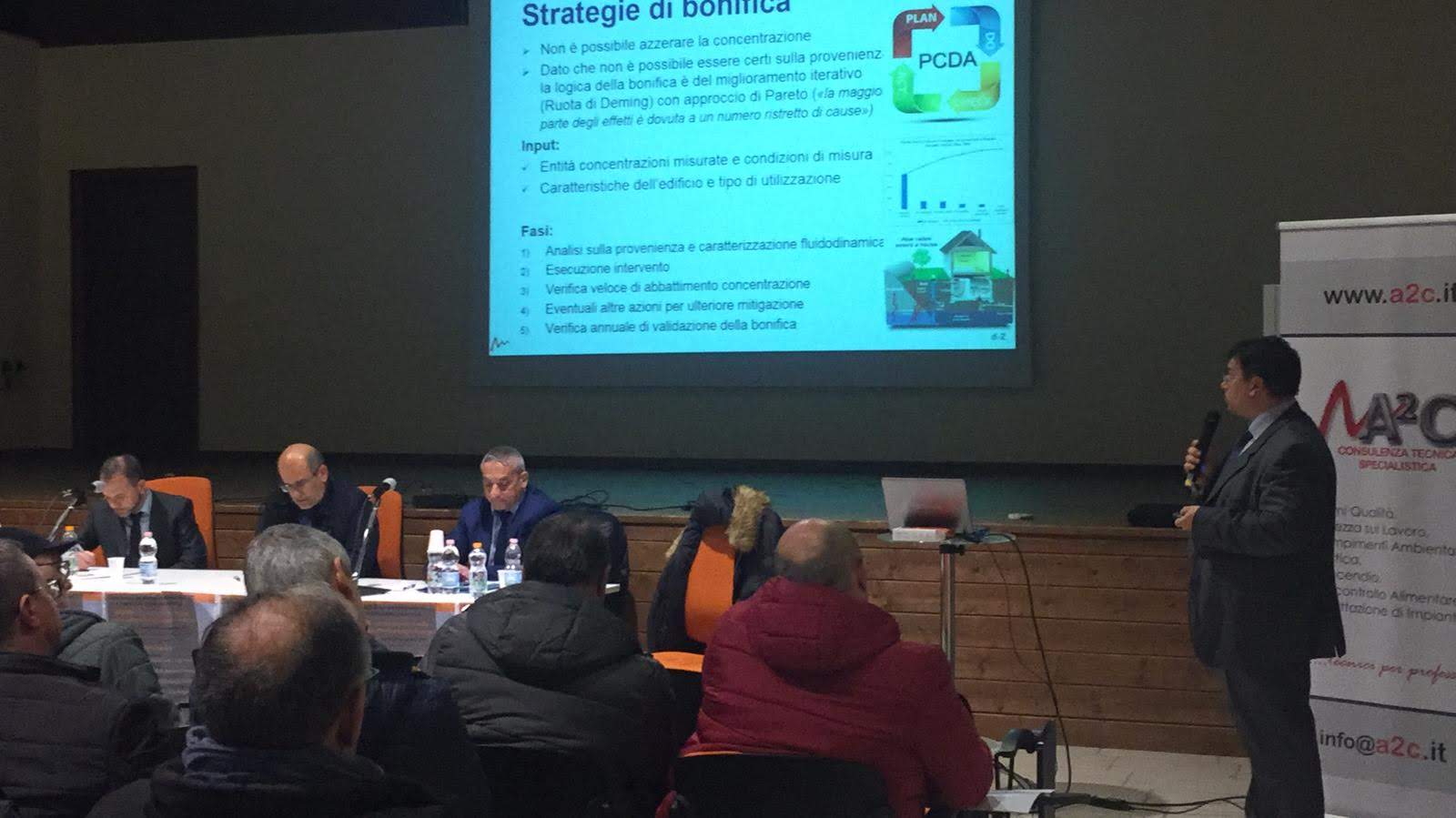 Angelo Rizzo relatore a un convegno pubblico sul radon con logo A2C visibile