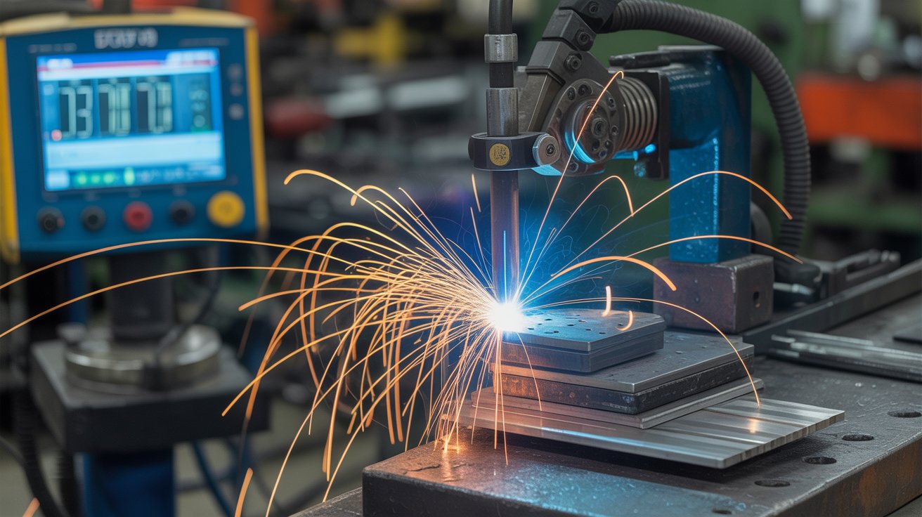 Puntatrice a resistenza in operazione con scintille e misuratore CEM in primo piano durante valutazione campi elettromagnetici in officina