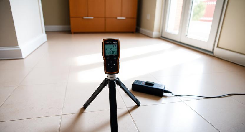 Misuratore CEM su treppiede in prossimità del pavimento di un appartamento durante rilievo campo magnetico cabina di trasformazione