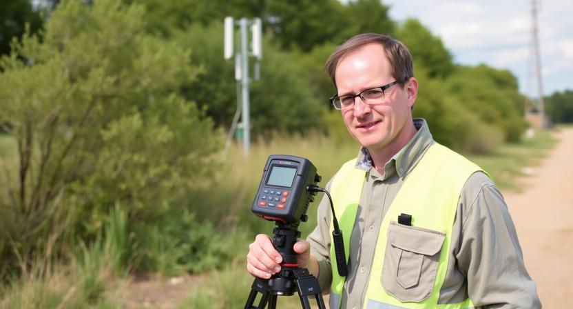 Tecnico A2C con misuratore CEM su treppiede durante rilievo in area residenziale, palo di telecomunicazioni sullo sfondo