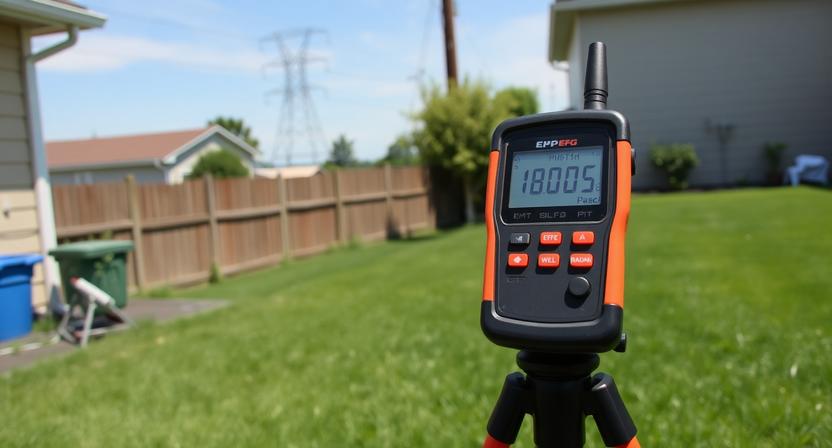 Misuratore CEM su treppiede in giardino residenziale con traliccio alta tensione visibile sullo sfondo durante rilievo A2C