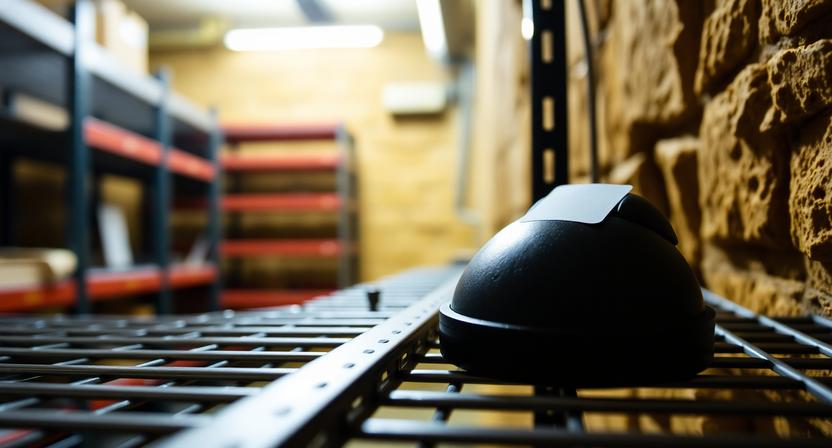 Dosimetro passivo per la misurazione del gas Radon posizionato in un locale interrato con muratura in tufo napoletano, nell'ambito di una campagna di misurazione annuale per la valutazione del rischio in un luogo di lavoro