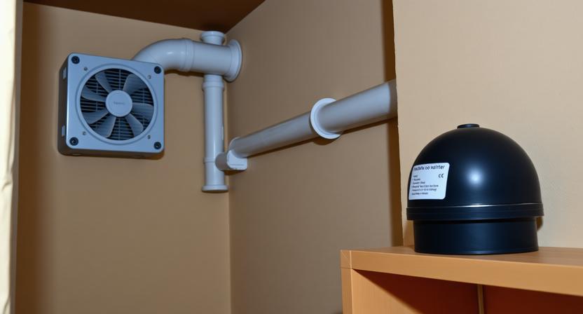 Impianto di bonifica Radon in locale interrato: sistema di ventilazione meccanica con estrattore e dosimetro passivo per il monitoraggio della concentrazione di gas Radon dopo l'intervento